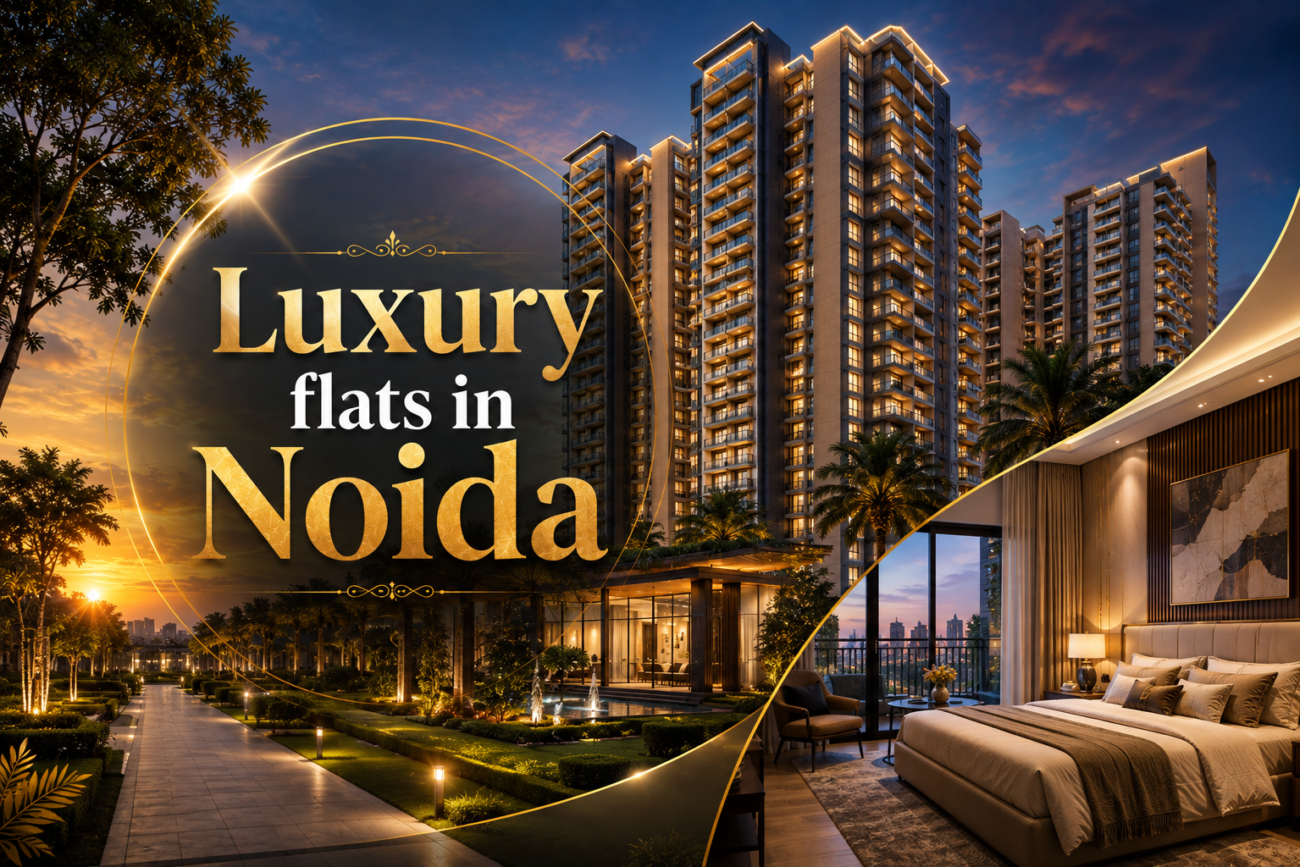 Modern luxury residential tower in Greater Noida with landscaped surroundings