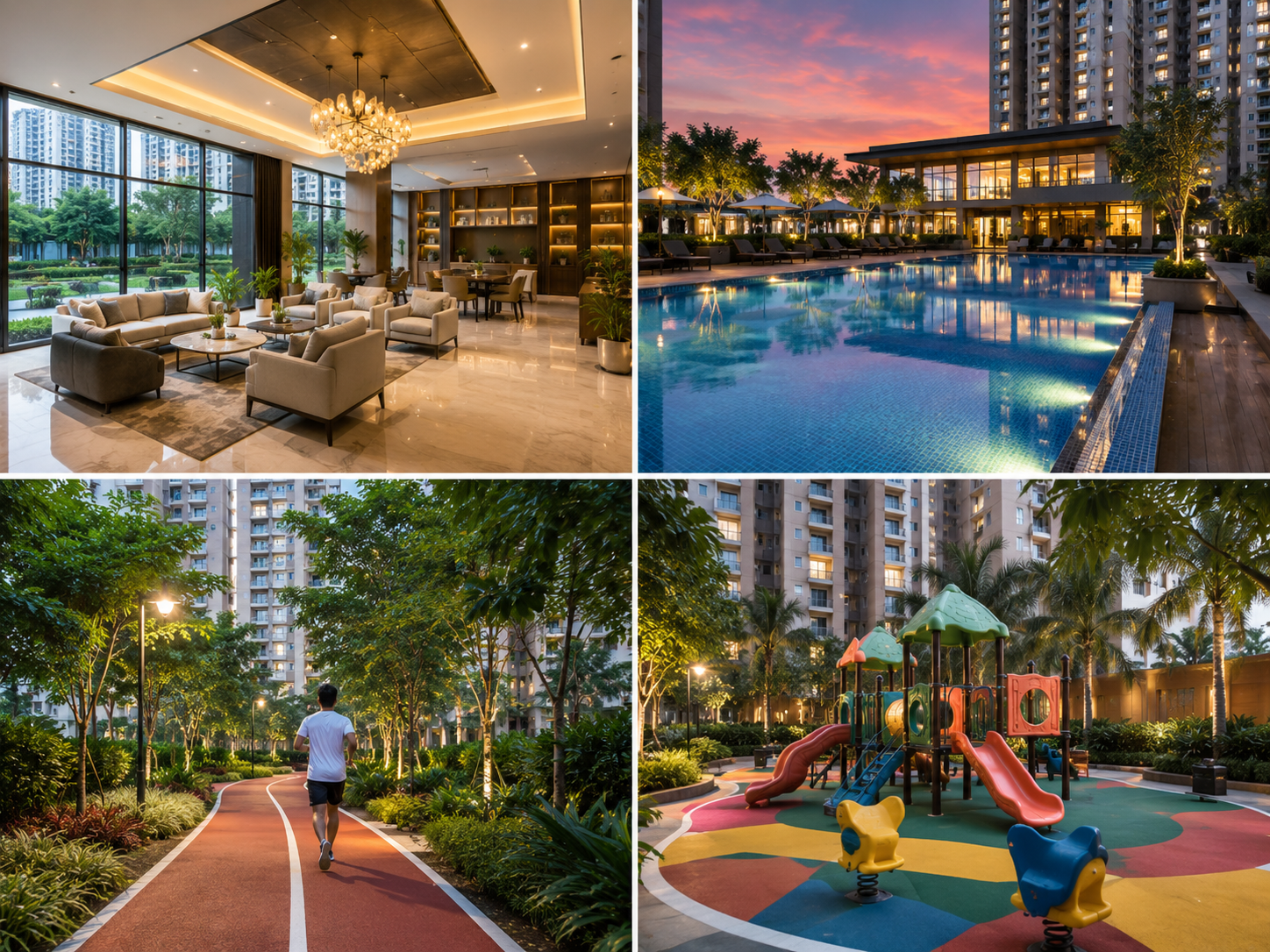 Clubhouse, pool and landscaped amenities in a luxury gated community in Greater Noida