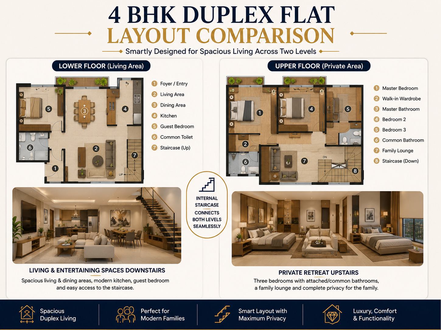 4 BHK duplex flat layout comparison showing a two-floor floor plan with an internal staircase, spacious living and dining area on the lower level, and private bedrooms on the upper level. 4 BHK duplex flat layout comparison showing a two-floor floor plan with an internal staircase, spacious living and dining area on the lower level, and private bedrooms on the upper level.