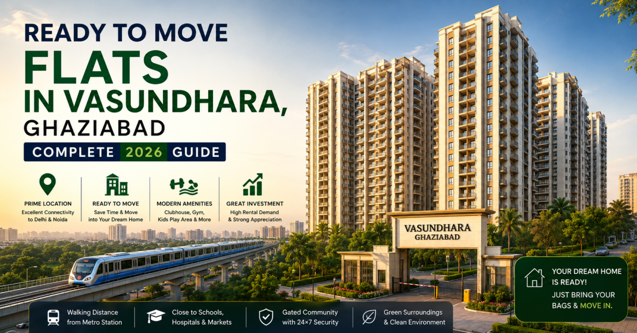 Ready to move flats in Vasundhara, Ghaziabad with modern high-rise apartments, metro connectivity, premium amenities, and landscaped surroundings in 2026.