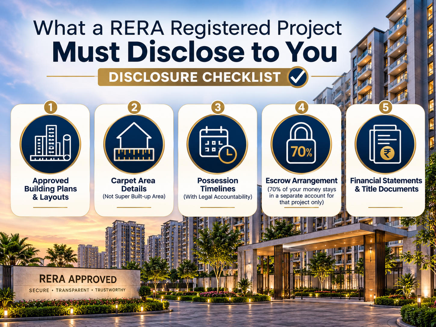 Infographic showing the RERA disclosure checklist, including approved building plans, carpet area, possession timeline, escrow account, and financial documents. Infographic showing the RERA disclosure checklist, including approved building plans, carpet area, possession timeline, escrow account, and financial documents.