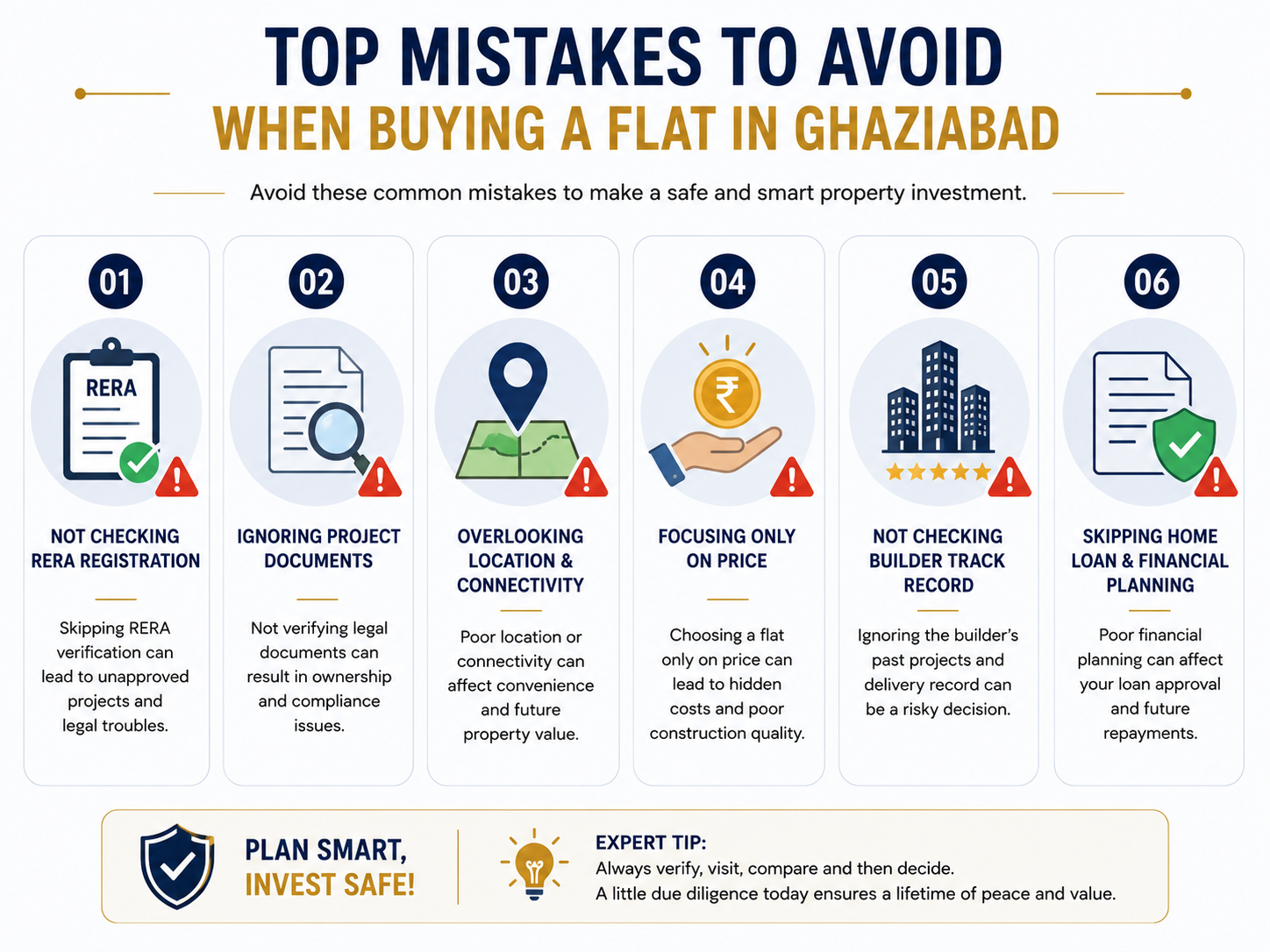 Infographic highlighting six common mistakes to avoid when buying a RERA approved flat, including skipping RERA verification, ignoring legal documents, overlooking location, focusing only on price, not checking the builder's track record, and poor financial planning. Infographic highlighting six common mistakes to avoid when buying a RERA approved flat, including skipping RERA verification, ignoring legal documents, overlooking location, focusing only on price, not checking the builder's track record, and poor financial planning.