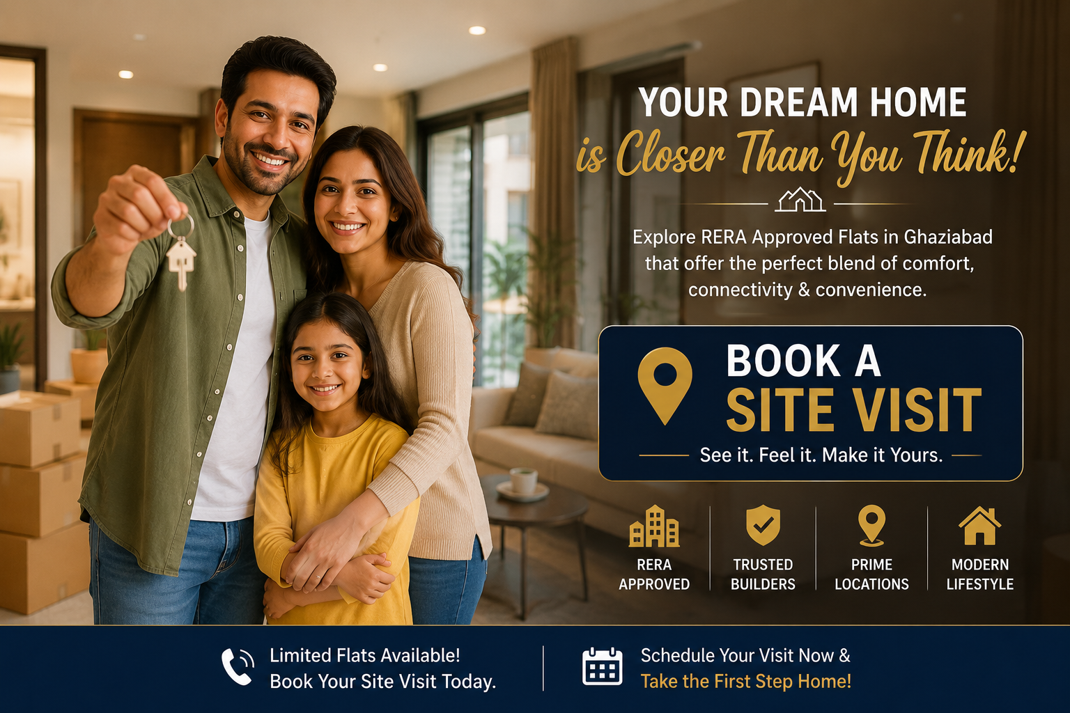 Happy family holding the keys to their new home with a Book a Site Visit call-to-action for RERA approved flats in Ghaziabad.