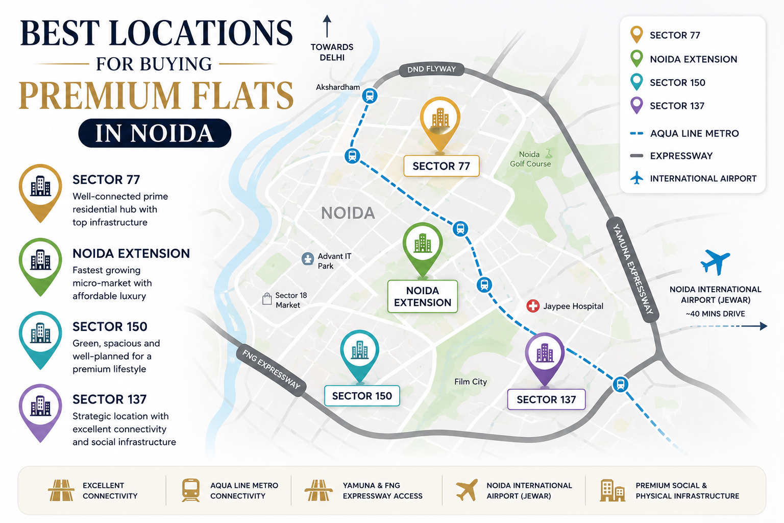 Illustrated map highlighting the best locations for buying premium flats in Noida, including Sector 77, Noida Extension, Sector 150, Sector 137, Aqua Line Metro, expressways, and Noida International Airport.