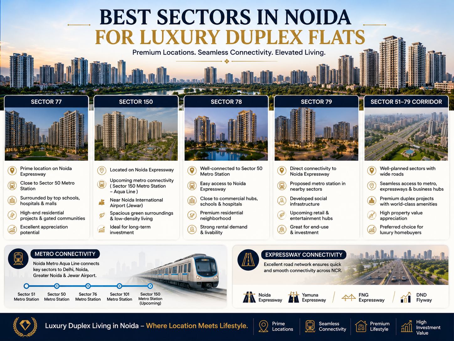 Best sectors in Noida for luxury duplex flats highlighting Sector 77, Sector 150, Sector 78, Sector 79, metro connectivity, and major expressways for premium homebuyers. Best sectors in Noida for luxury duplex flats highlighting Sector 77, Sector 150, Sector 78, Sector 79, metro connectivity, and major expressways for premium homebuyers.