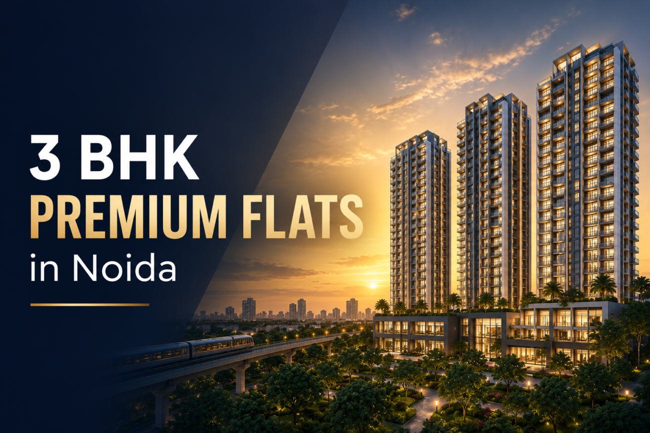 Luxury 3 BHK premium flats in Noida with modern high-rise apartments and landscaped surroundings.