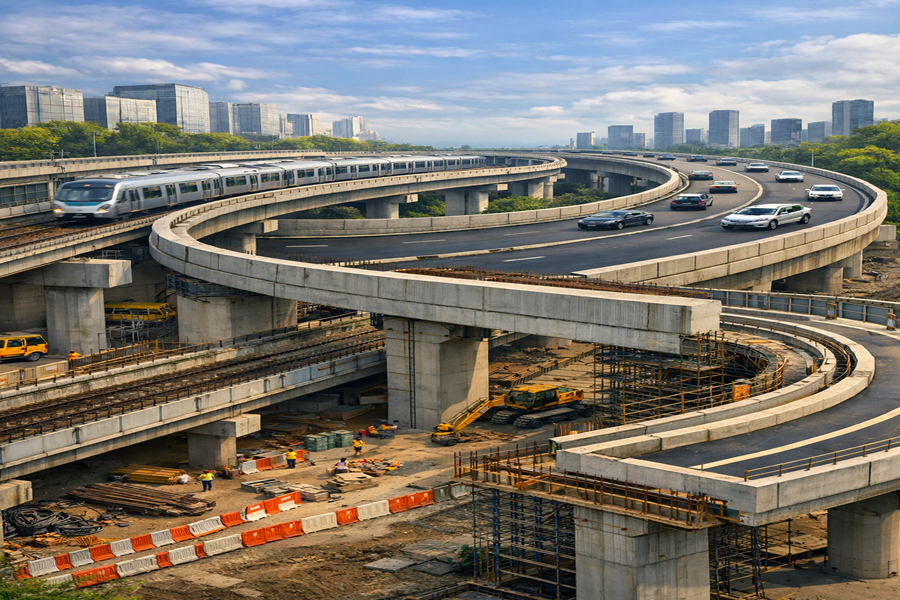 Digital illustration showing elevated road construction near metro line at Rajnigandha Chowk, Noida