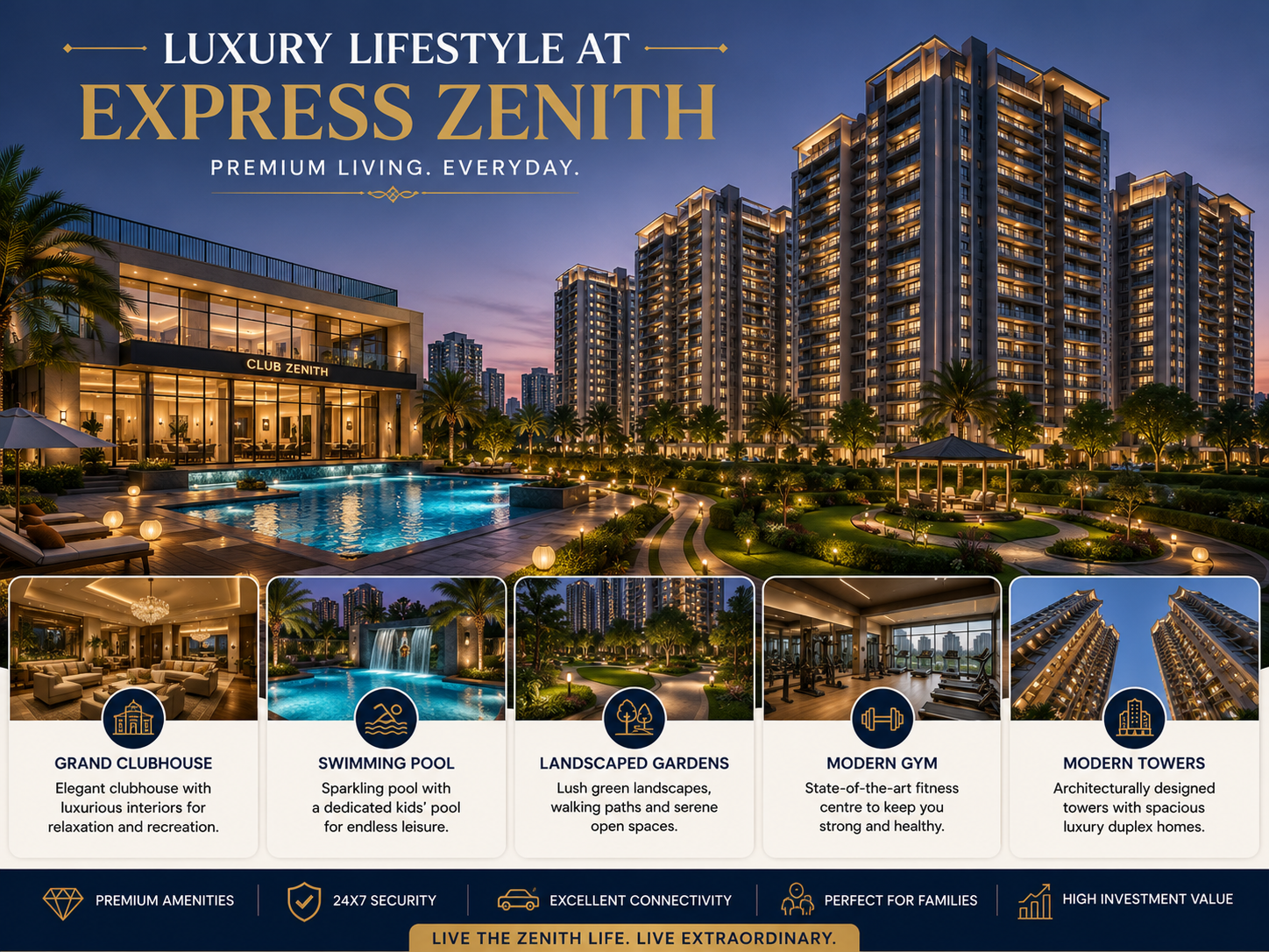 Luxury lifestyle at Express Zenith in Sector 77 Noida featuring a premium clubhouse, swimming pool, landscaped gardens, modern gym, and high-rise residential towers. Luxury lifestyle at Express Zenith in Sector 77 Noida featuring a premium clubhouse, swimming pool, landscaped gardens, modern gym, and high-rise residential towers.