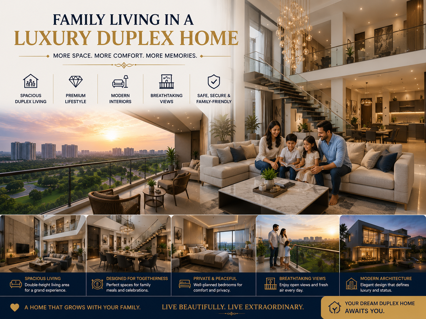 Happy family enjoying a spacious luxury duplex home in Noida with modern interiors, balcony views, premium architecture, and elegant living spaces. Happy family enjoying a spacious luxury duplex home in Noida with modern interiors, balcony views, premium architecture, and elegant living spaces.