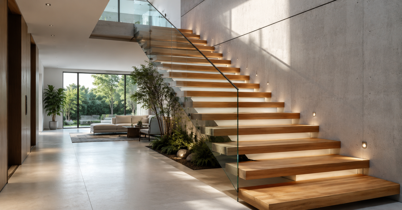 Modern home interior featuring a floating wooden staircase with glass railing, minimalist architecture, and abundant natural light.
