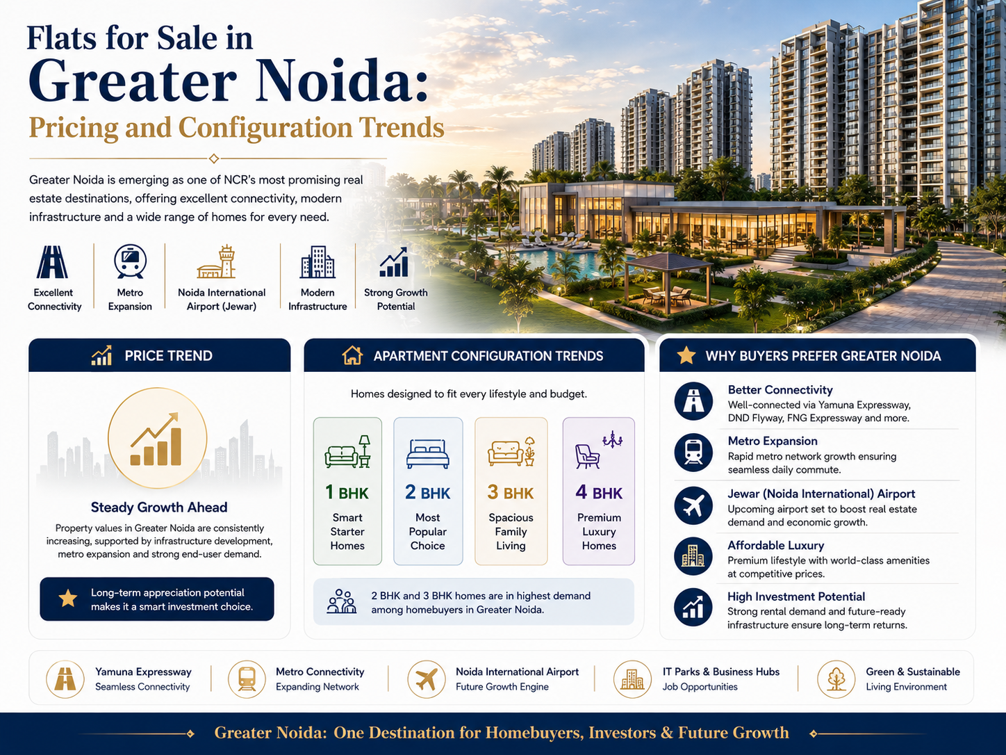 Infographic showing flats for sale in Greater Noida with 2026 pricing trends, apartment configurations, and investment insights for homebuyers. Infographic showing flats for sale in Greater Noida with 2026 pricing trends, apartment configurations, and investment insights for homebuyers.