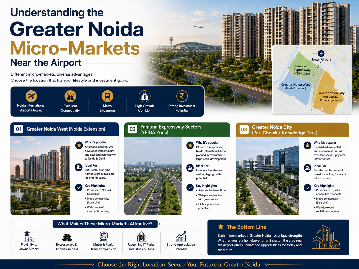 Infographic comparing Greater Noida West, Yamuna Expressway (YEIDA Zone), and Greater Noida City micro-markets near Noida International Airport for homebuyers and property investors. Infographic comparing Greater Noida West, Yamuna Expressway (YEIDA Zone), and Greater Noida City micro-markets near Noida International Airport for homebuyers and property investors.