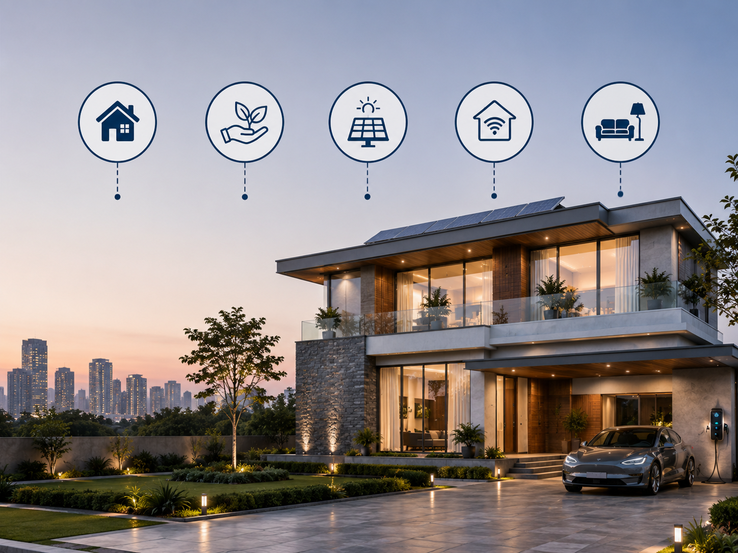 Modern house design trends infographic showing minimalist layouts, biophilic design, sustainable homes, smart home integration, and multi-functional spaces.