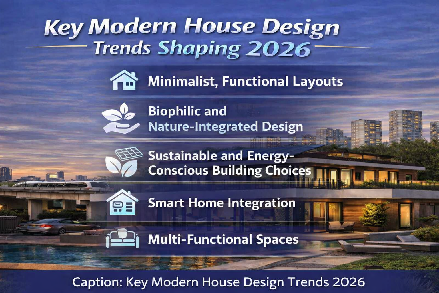 Infographic showing key modern house design trends for 2026 with icons and a modern home background.