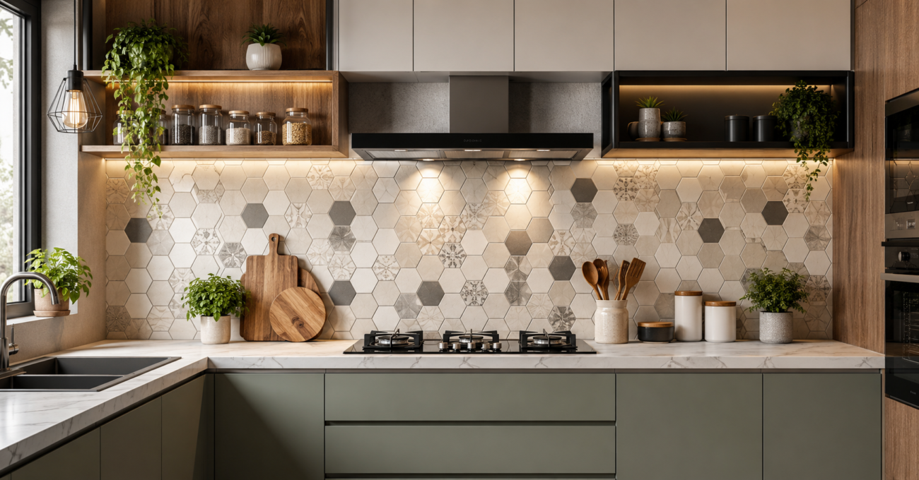 Modern kitchen wall design featuring stylish hexagon backsplash tiles, wooden cabinets, marble countertop, and contemporary lighting.