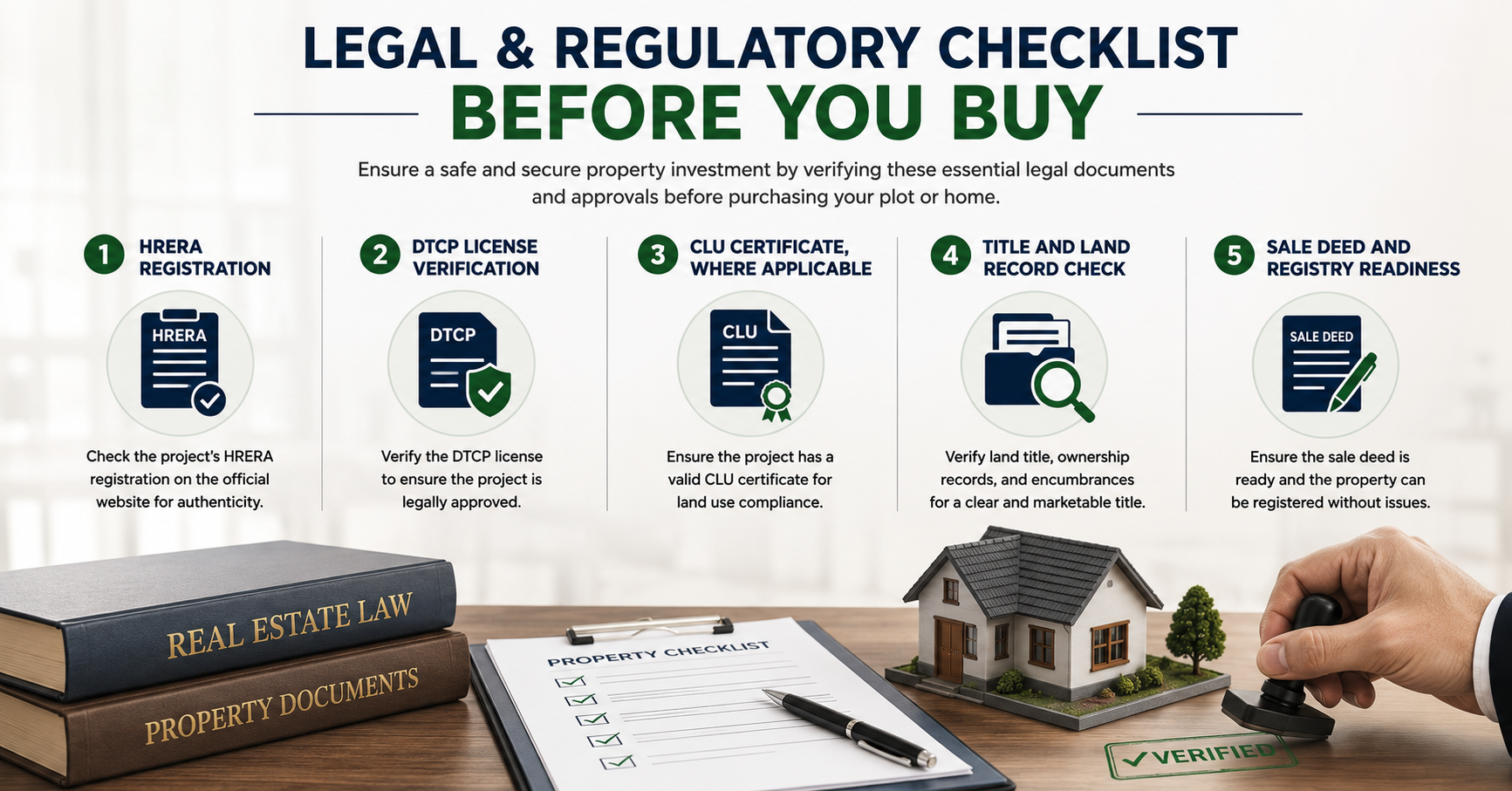 Legal and regulatory checklist before buying property in Sonipat, including HRERA registration, DTCP license verification, CLU certificate, title verification, and sale deed readiness.