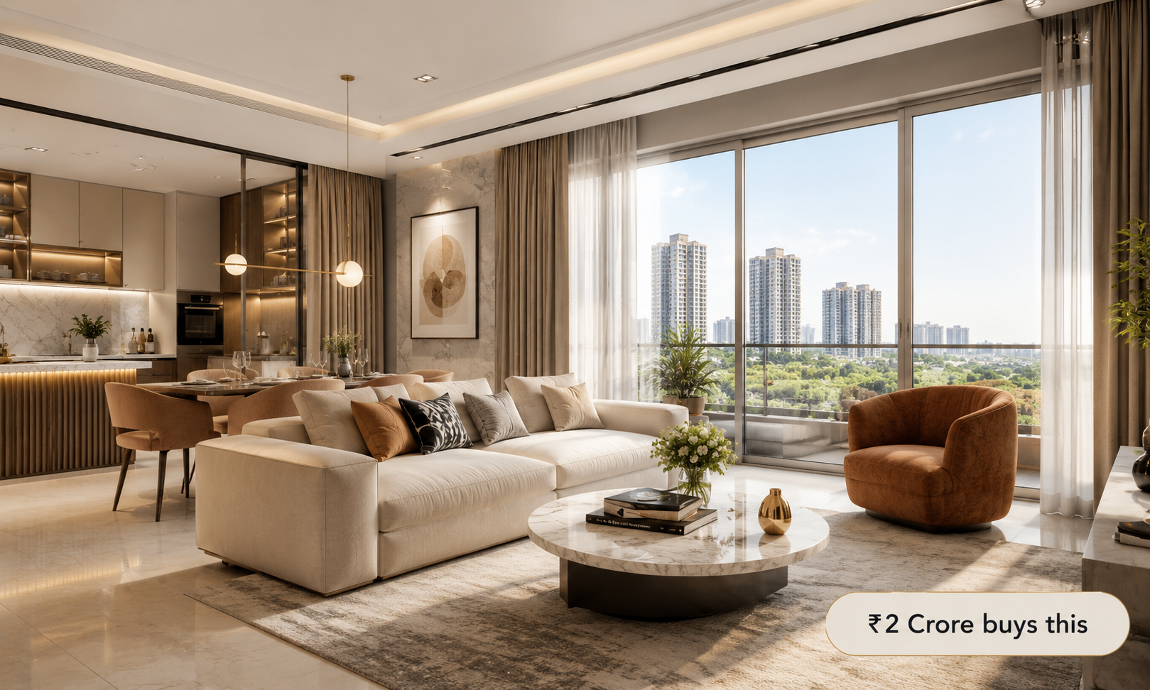Luxury 2 BHK living room with premium fittings, modular kitchen, marble finishes, and large windows in a Greater Noida West apartment.