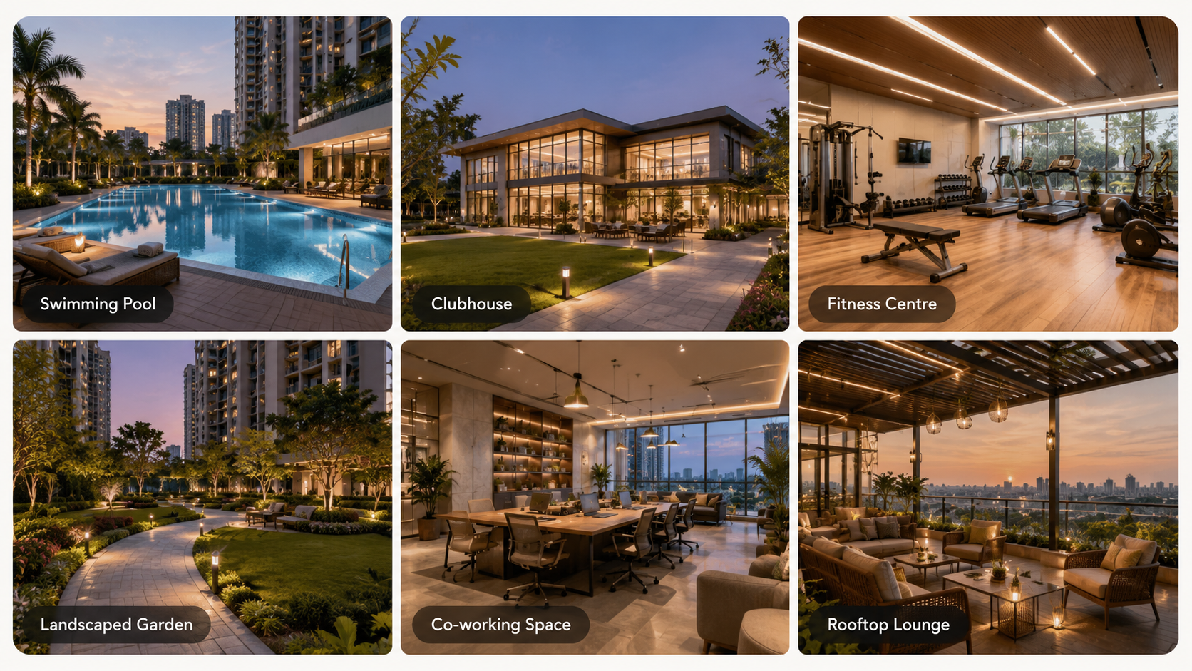 Collage showing premium apartment amenities including a swimming pool, clubhouse, fitness centre, landscaped garden, co-working space, and rooftop lounge in Greater Noida West.