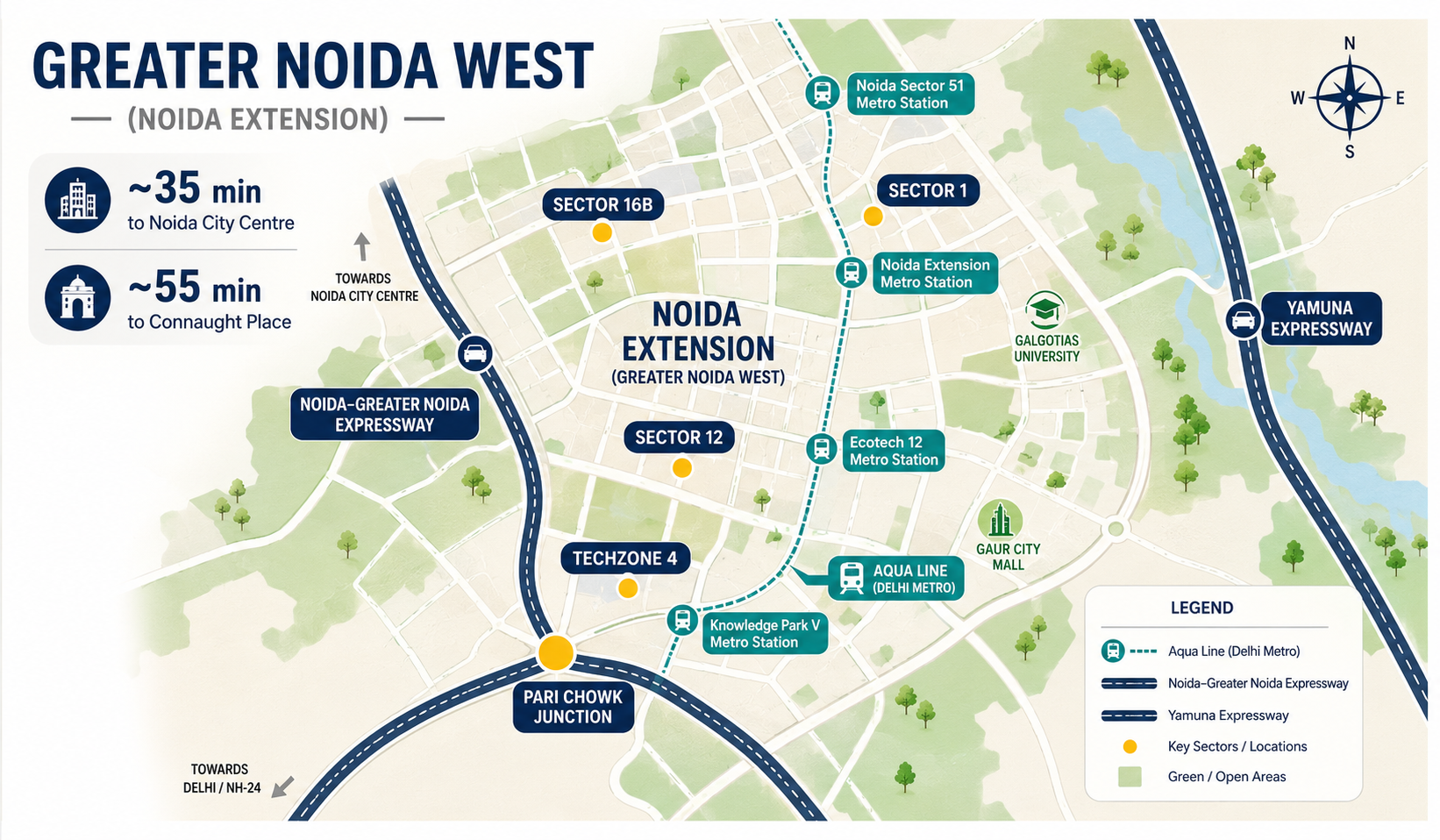 map of greater noida showing key sectors for 4 bhk flats- Sector 1, Sector 12, TechZone 4, metro connectivity