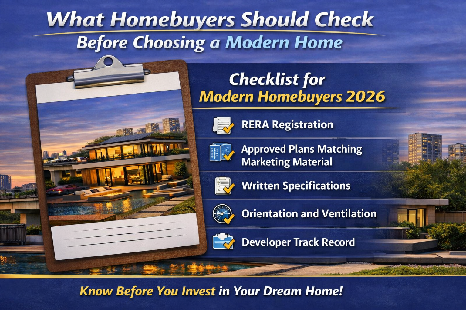 nfographic showing a modern homebuyer checklist for 2026 with icons and a luxury house background.