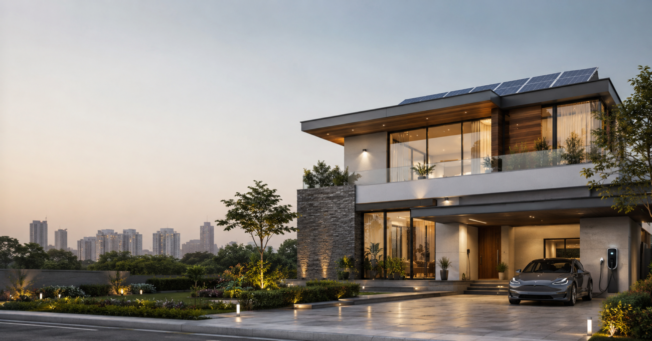 Luxury modern house in Delhi NCR with smart home features, glass façade, solar panels and contemporary architecture for 2026.