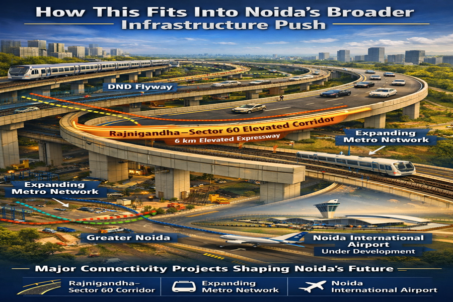 Illustrated map showing Noida’s infrastructure expansion including Rajnigandha–Sector 60 elevated corridor, metro network extensions, and Noida International Airport development