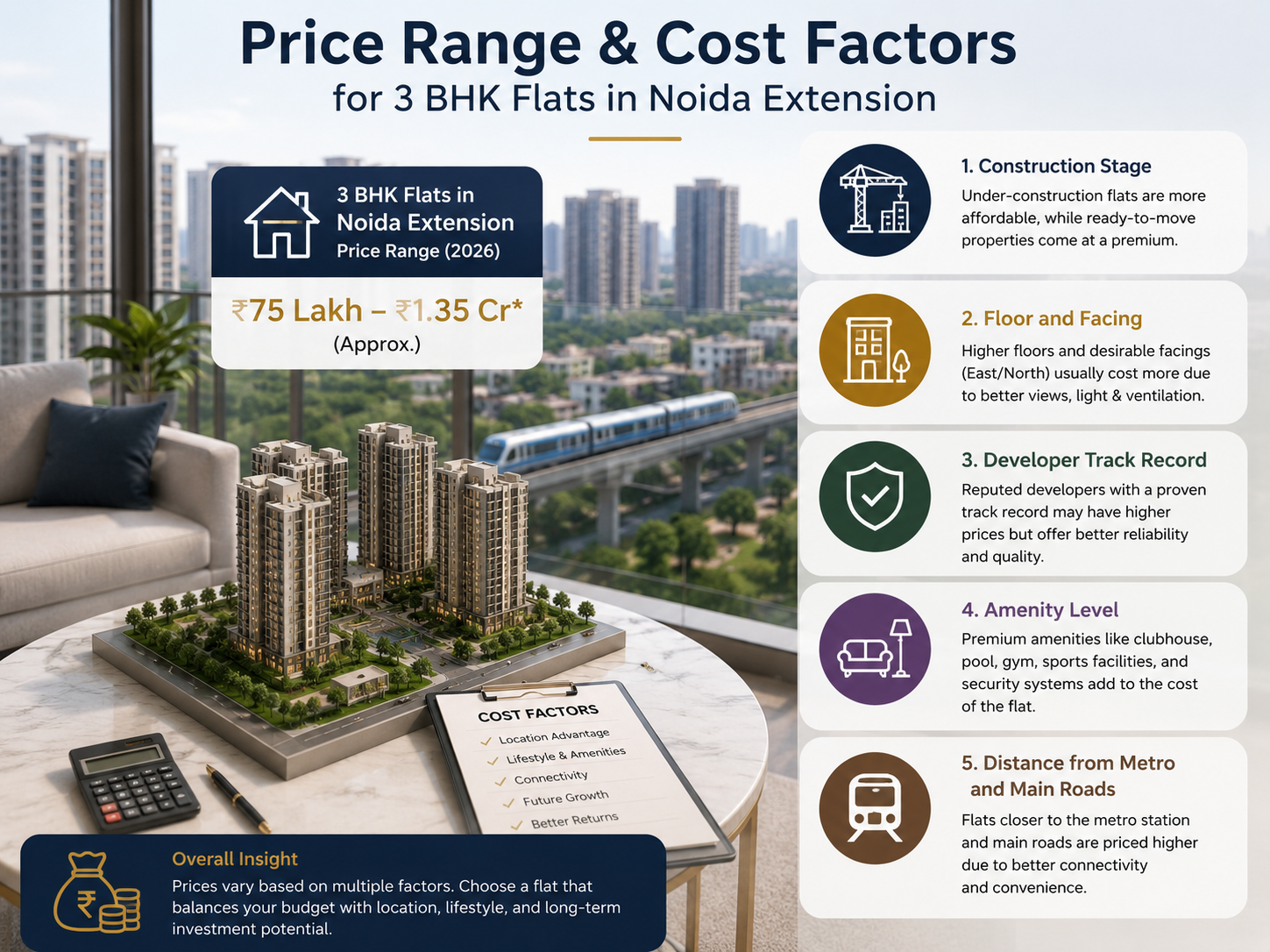 Price range and cost factors affecting 3 BHK flats in Noida Extension, including construction stage, amenities, location, and developer reputation.