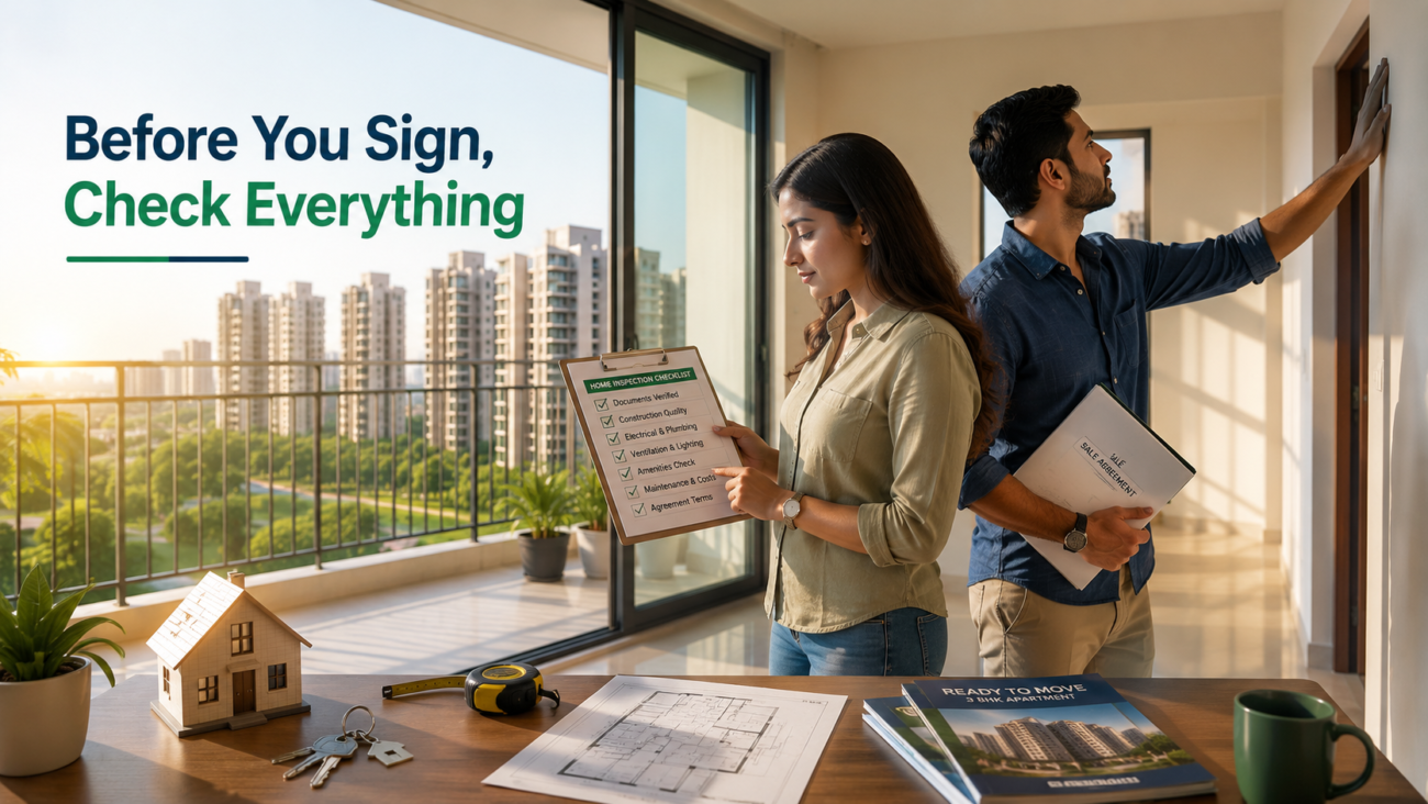 A homebuyer couple inspecting a ready-to-move 3 BHK flat in Greater Noida before signing the agreement, checking property quality and documents.