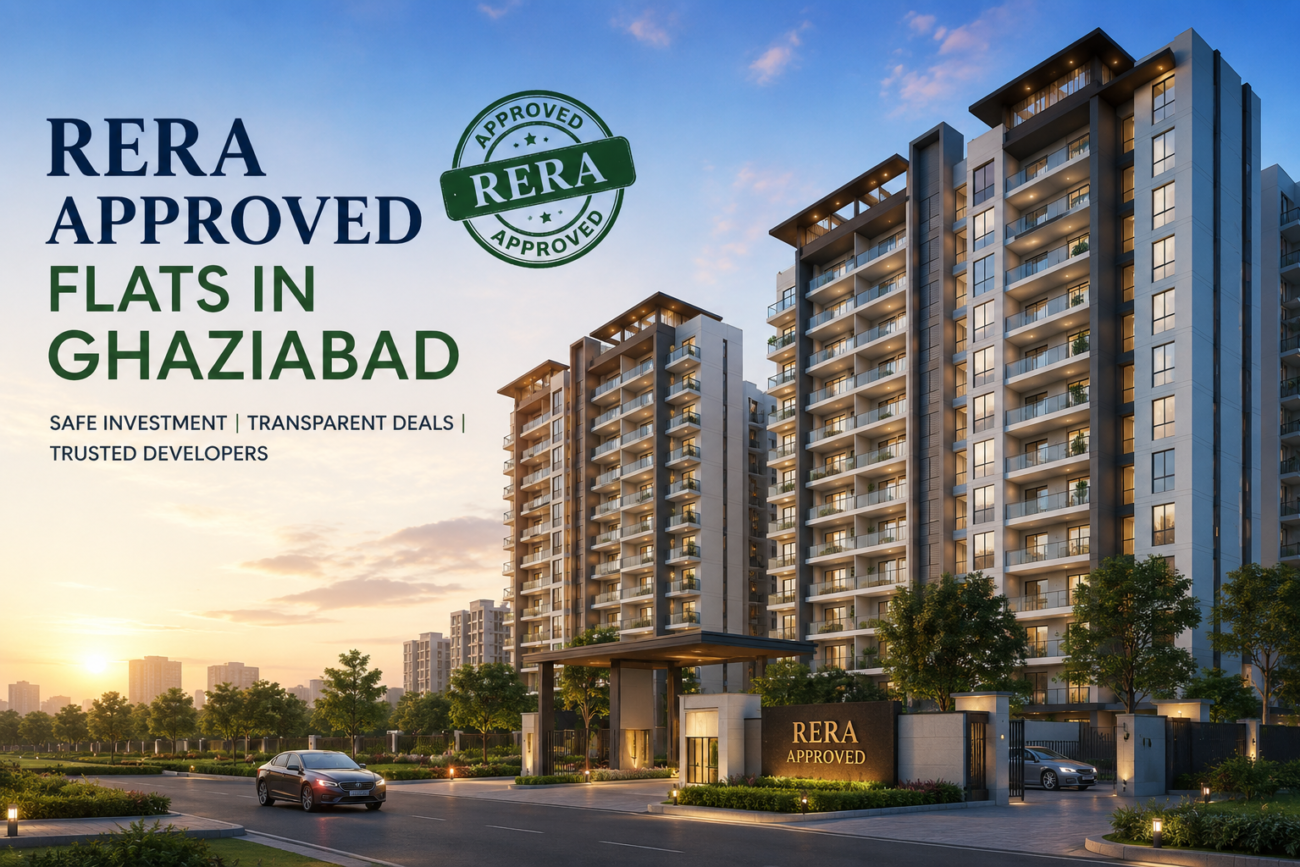 Modern RERA approved residential apartment complex in Ghaziabad showcasing premium high-rise flats with landscaped surroundings.