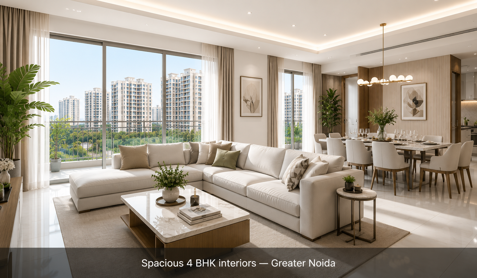 Spacious 4 BHK apartment interior in Greater Noida-modern living and dining area with natural light