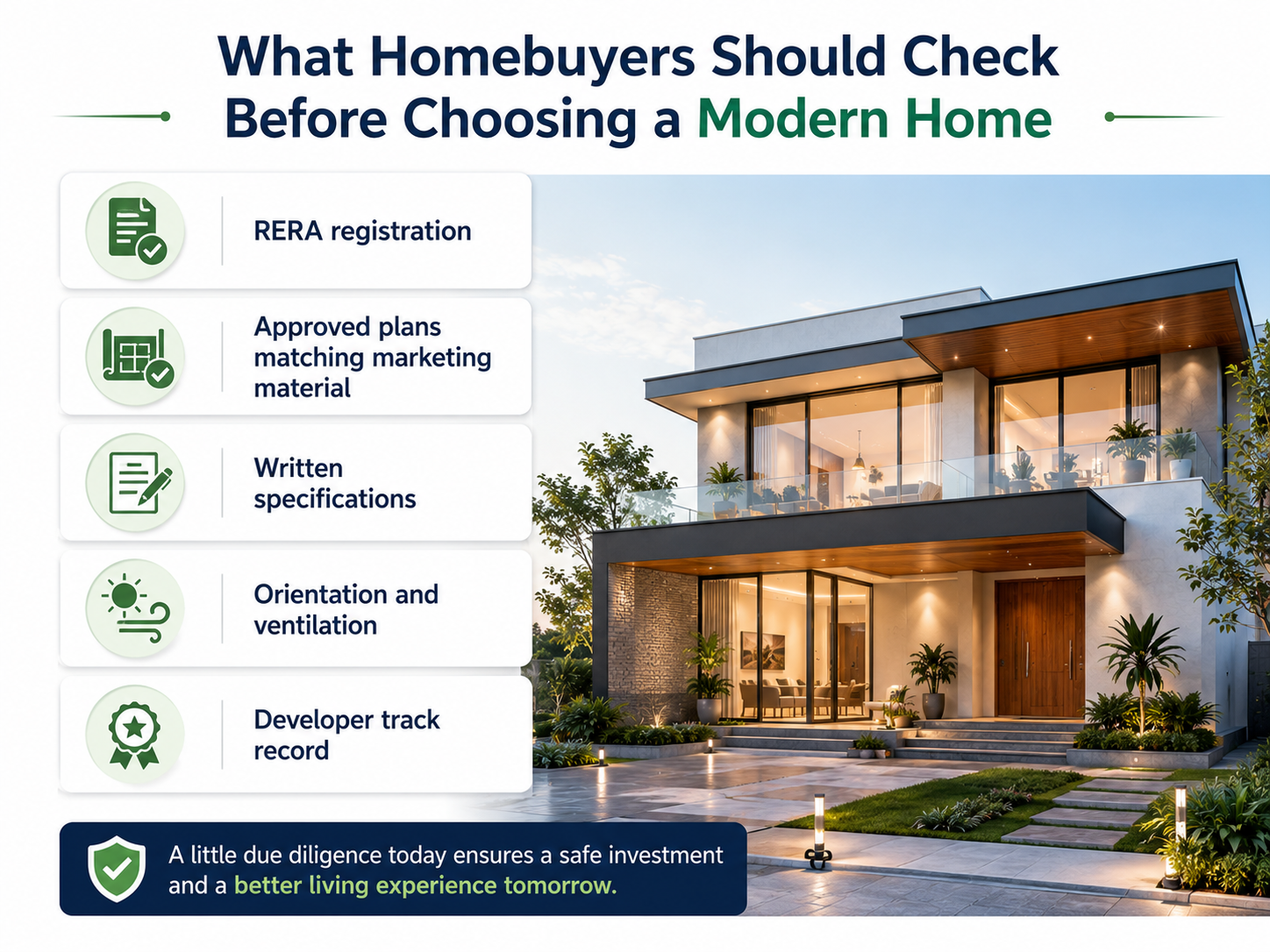 Infographic showing what homebuyers should check before choosing a modern home, including RERA registration, approved plans, written specifications, ventilation, and developer track record.