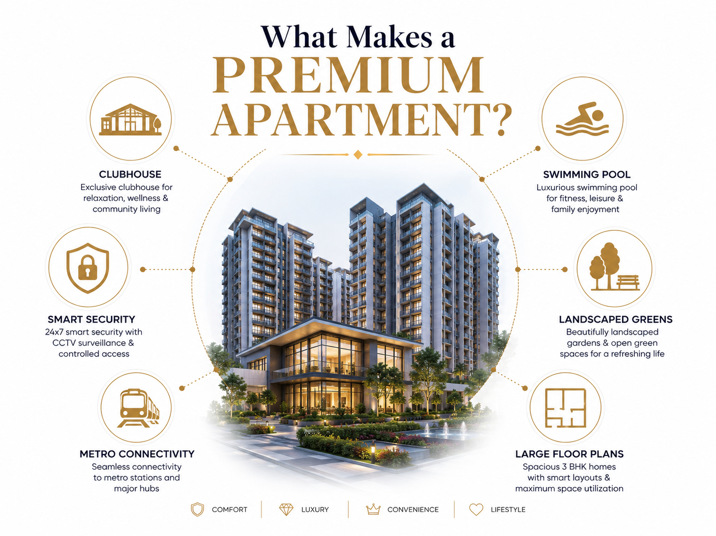 Infographic showing the key features of a premium apartment in Noida, including clubhouse, swimming pool, smart security, landscaped greens, metro connectivity, and spacious floor plans.