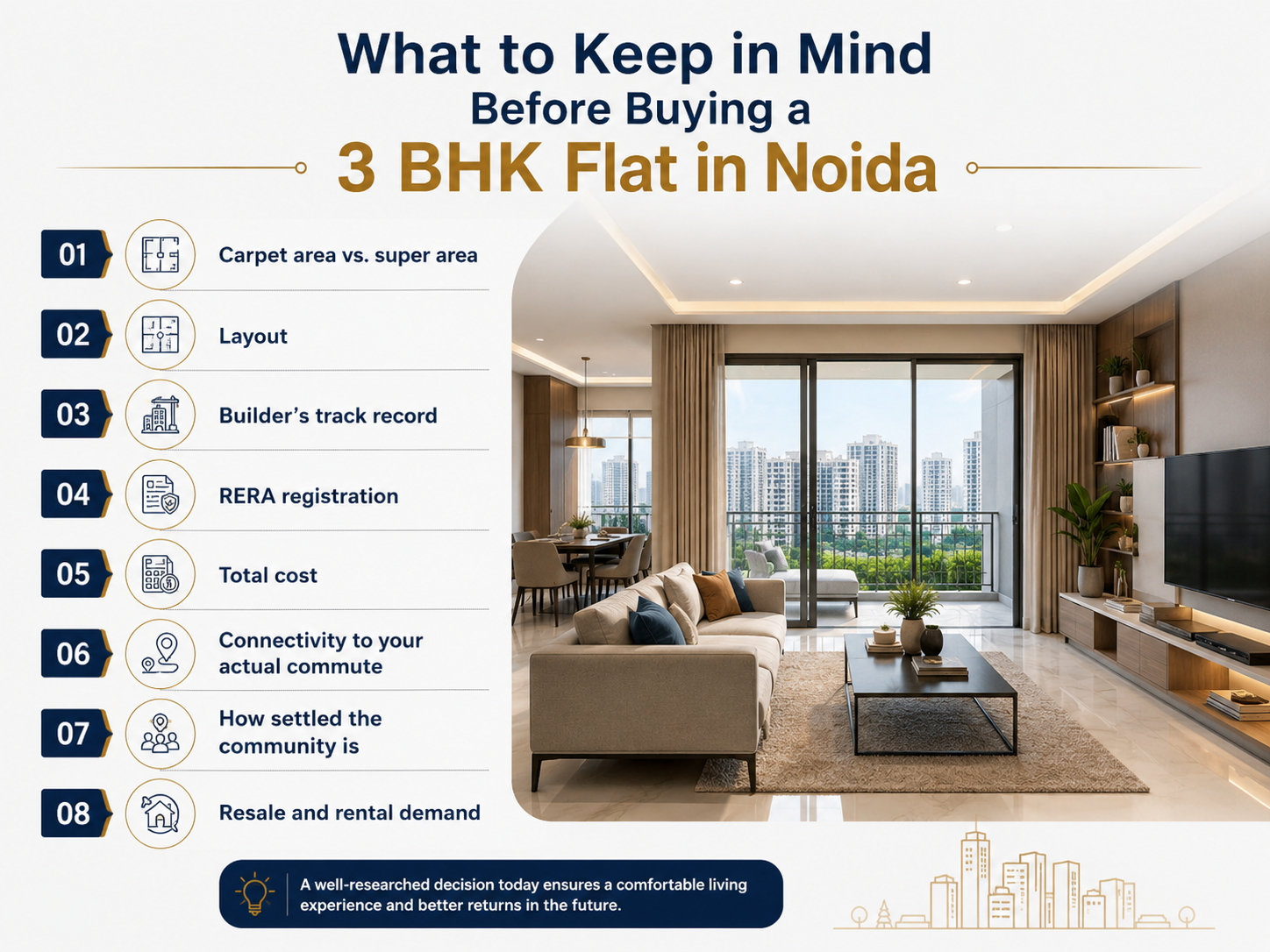 Infographic highlighting the key factors to consider before buying a 3 BHK flat in Noida, including carpet area, layout, builder's track record, RERA registration, total cost, connectivity, community, and resale value.
