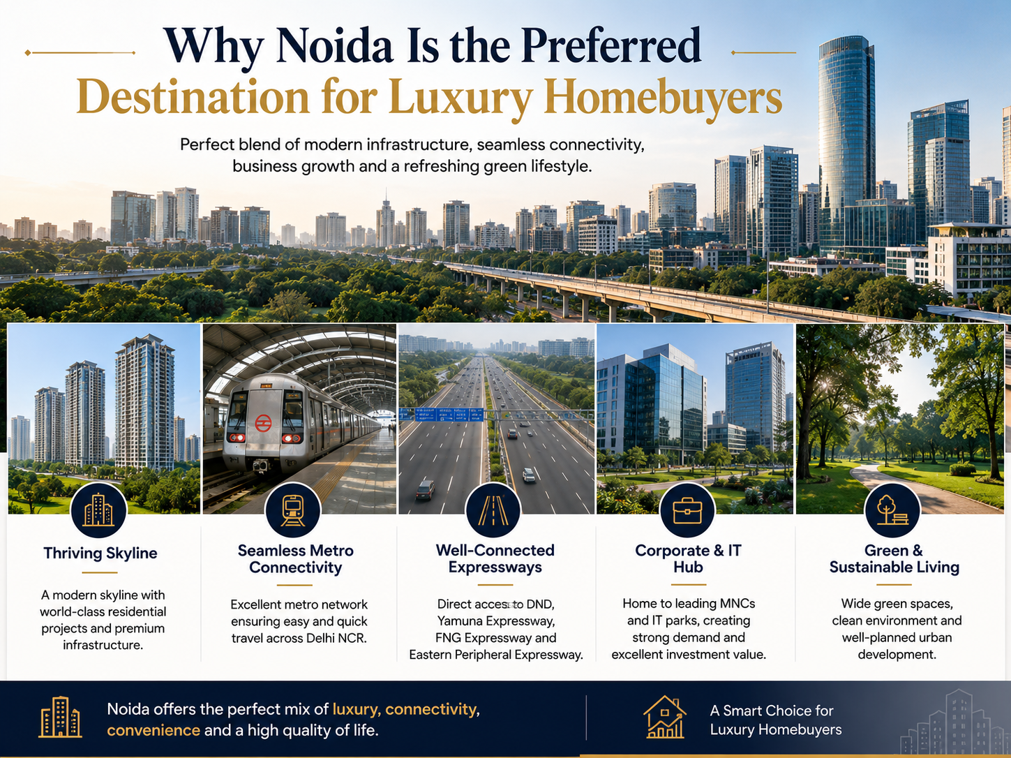 Noida skyline with metro connectivity, expressways, corporate offices, and green parks highlighting why Noida is a preferred destination for luxury homebuyers in 2026. Noida skyline with metro connectivity, expressways, corporate offices, and green parks highlighting why Noida is a preferred destination for luxury homebuyers in 2026.