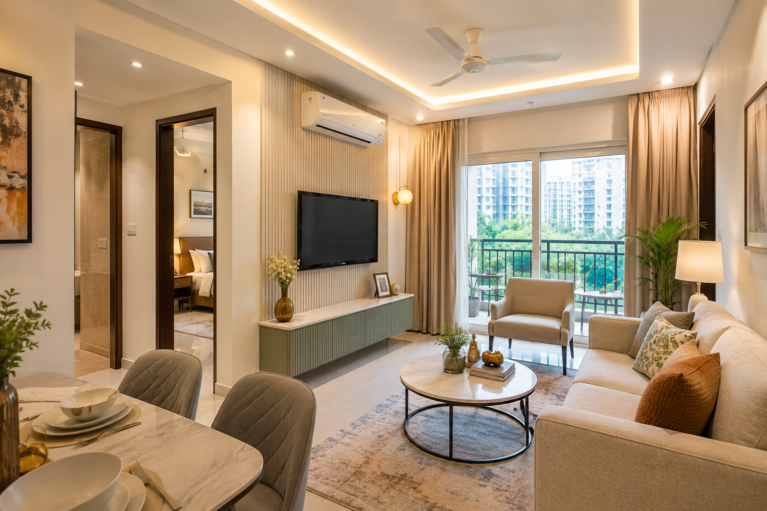 Living room interior of a 2 BHK flat for sale in Vasundhara