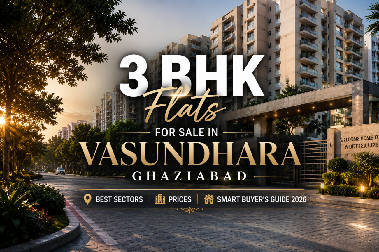 3 BHK flats for sale in Vasundhara Ghaziabad - modern gated society exterior with landscaped garden at golden hour, 2026
