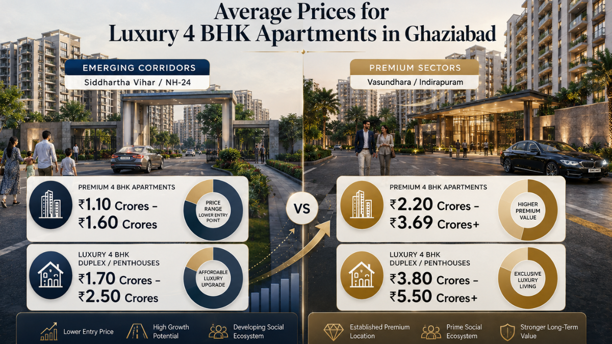 Infographic displaying average prices for luxury 4 BHK apartments in Ghaziabad comparing emerging corridors like Siddhartha Vihar at 1.10 to 1.60 Crores against premium sectors like Vasundhara and Indirapuram at 2.20 to 3.69 Crores plus