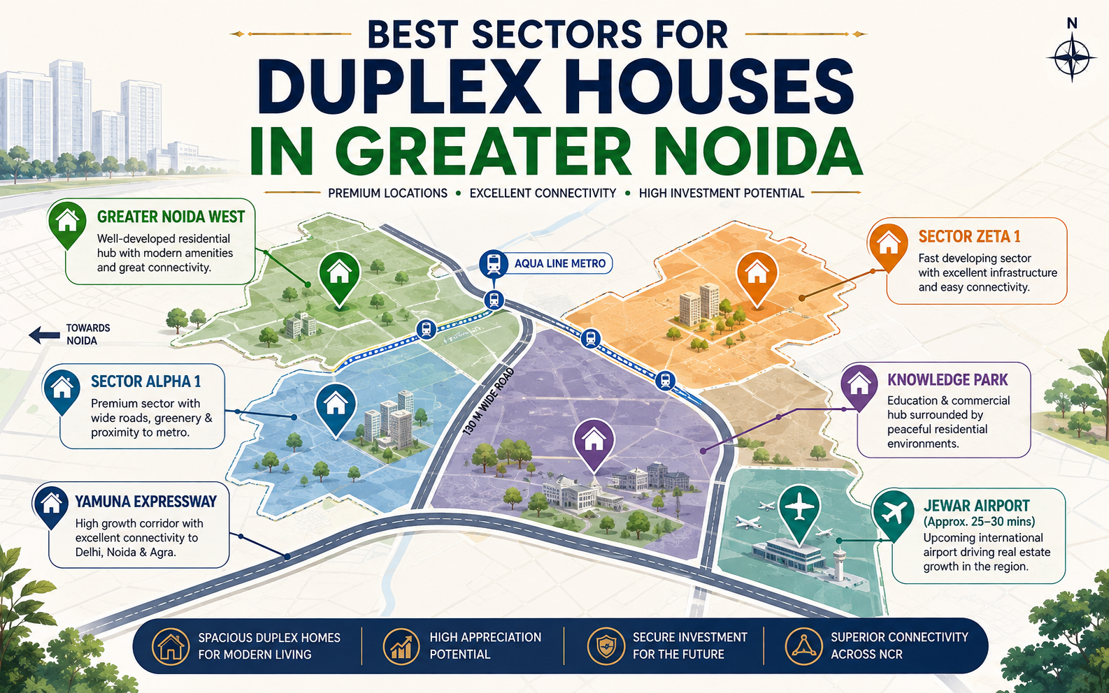 Illustrated map showing best sectors for duplex houses in Greater Noida- Greater Noida West, Alpha 1, Knowledge Park, and Yamuna Expressway corridor