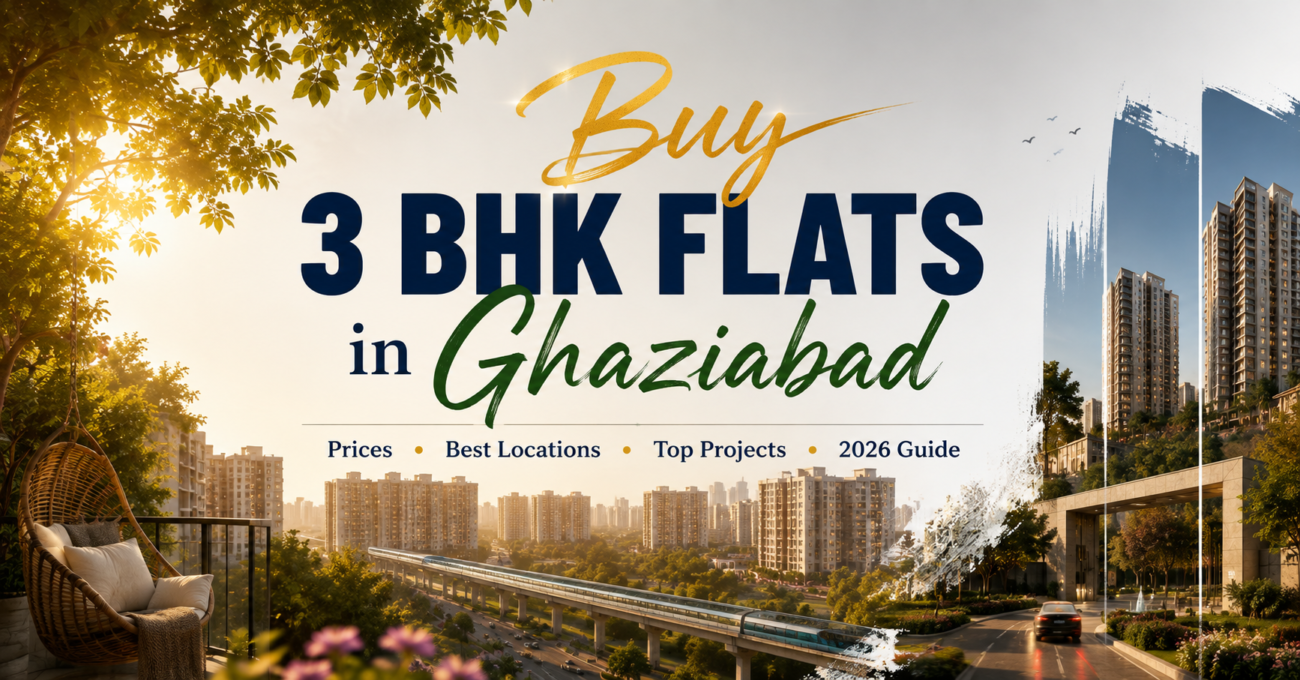 Buy 3 BHK flats in Ghaziabad - modern residential township with landscaped entrance at golden hour, 2026