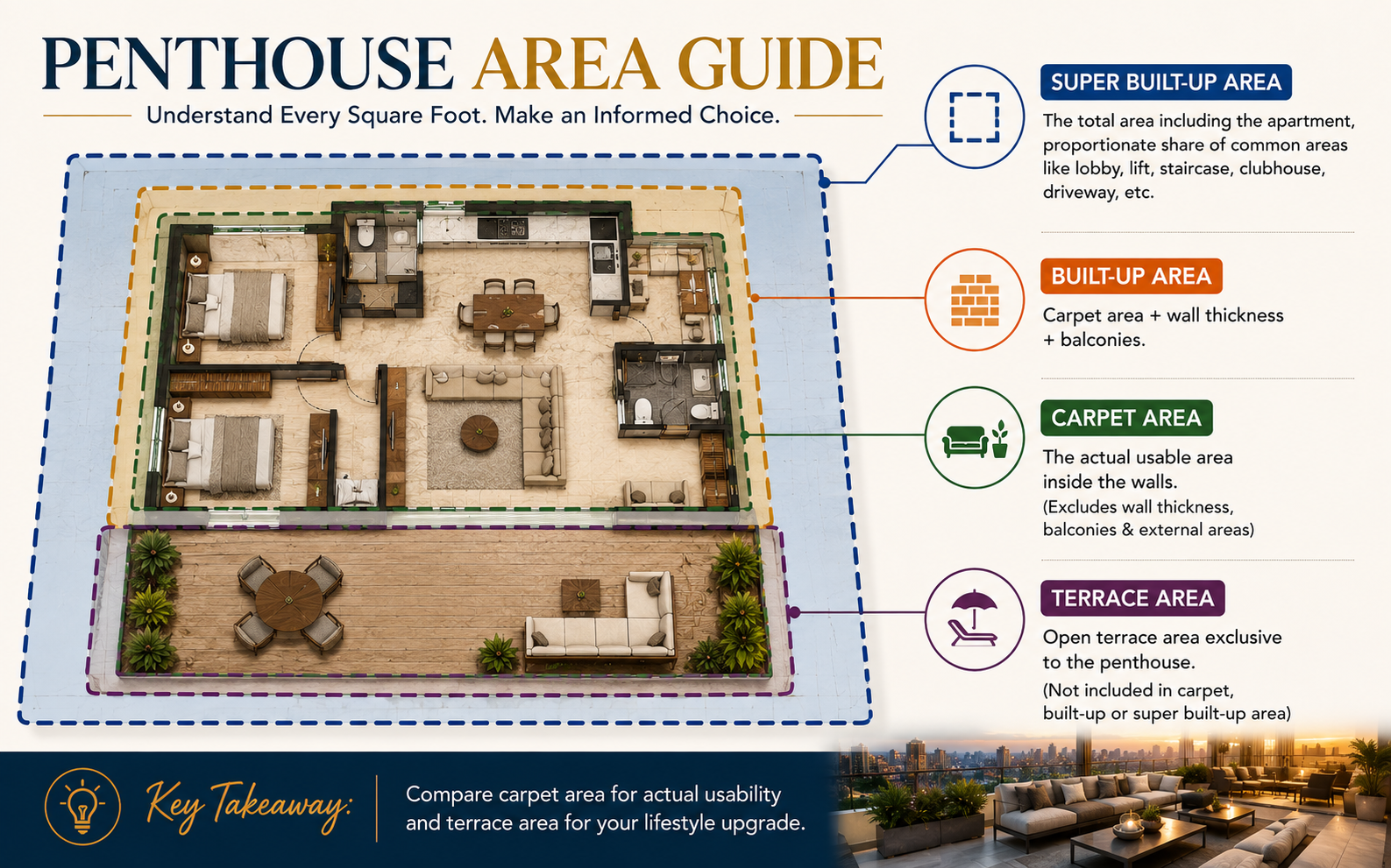 Diagram comparing carpet area, built-up area and terrace area in a penthouse