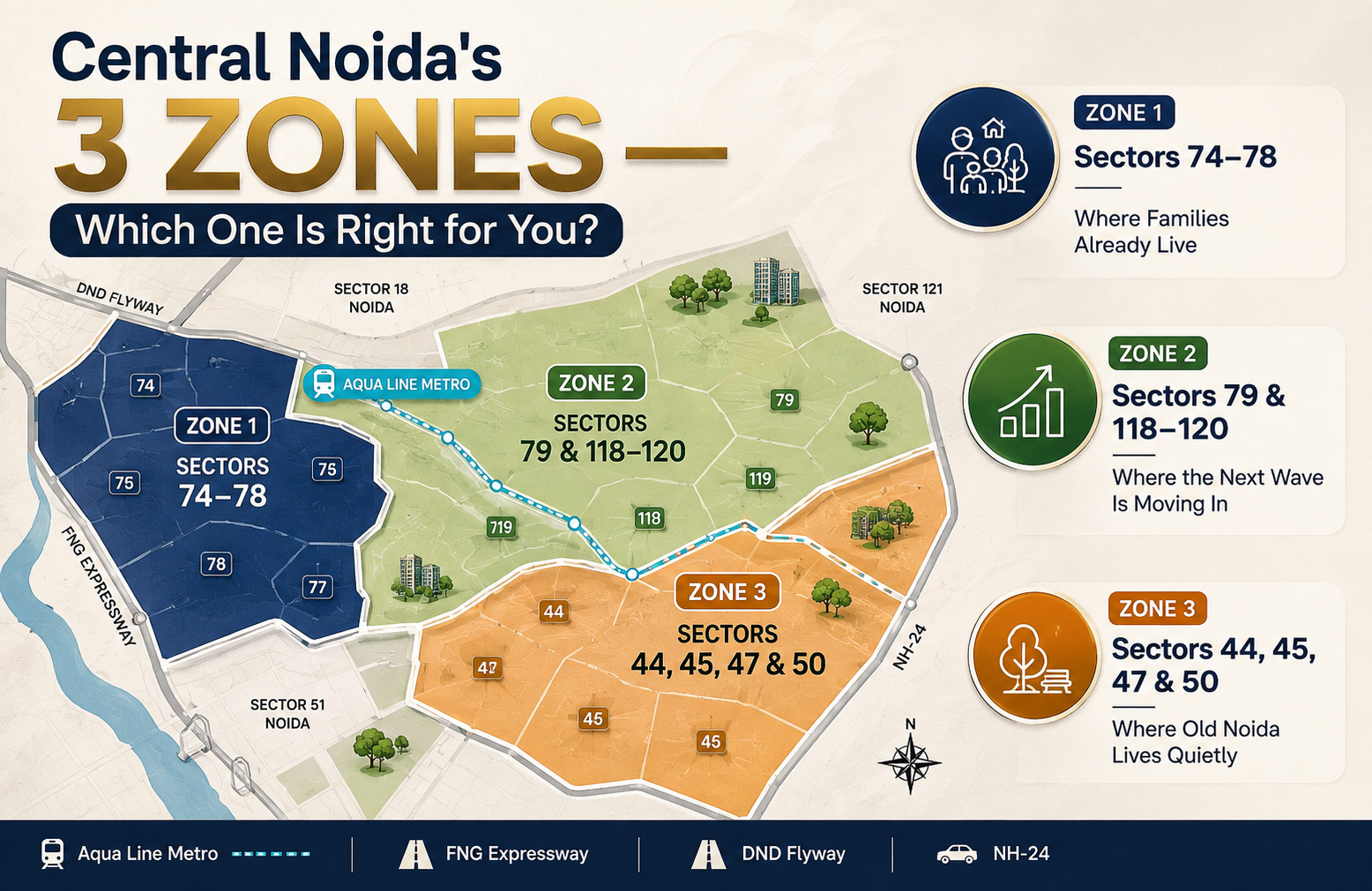 Central Noida's 3 Residential Zones — 2026 Map Illustrated map showing Central Noida's three residential zones — Sectors 74-78, Sectors 79 and 118-120, and Sectors 44-50 — for 4 BHK flat buyers