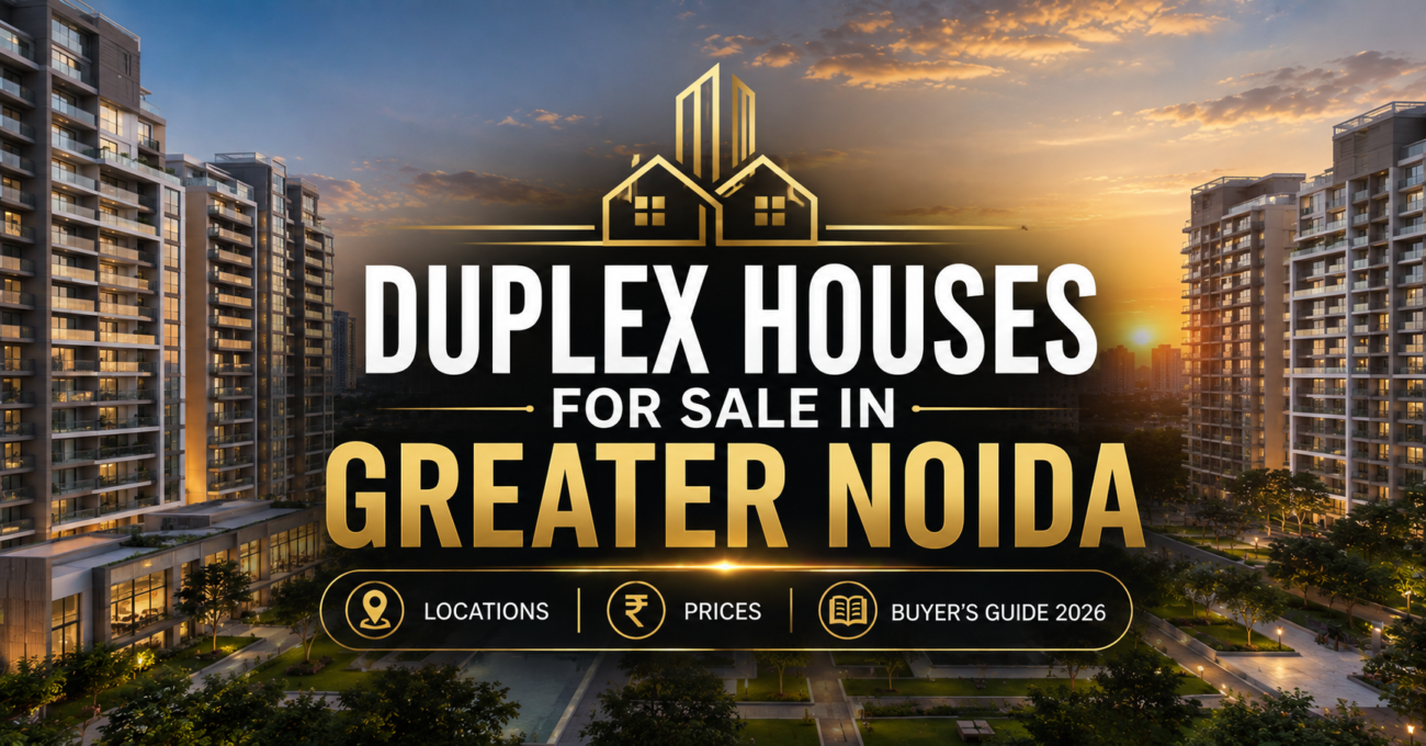 Modern duplex house for sale in Greater Noida with lush garden and private terrace at golden hour