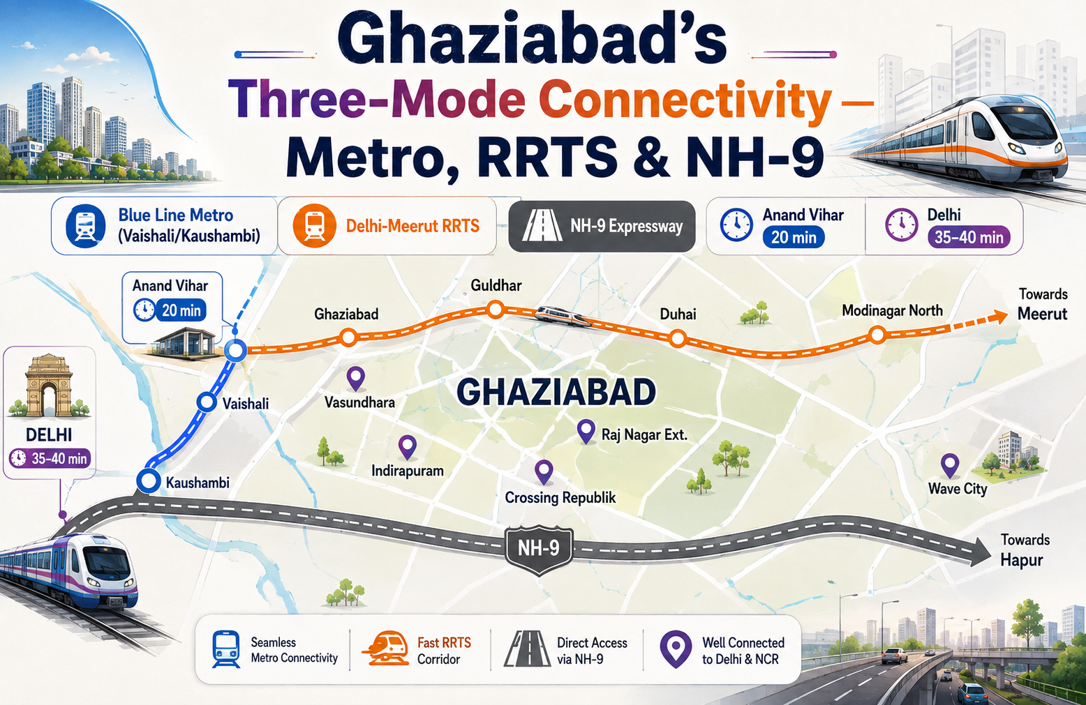 Illustrated connectivity map of Ghaziabad showing Delhi Metro Blue Line, RRTS corridor, and NH-9 Expressway with key residential localities marked