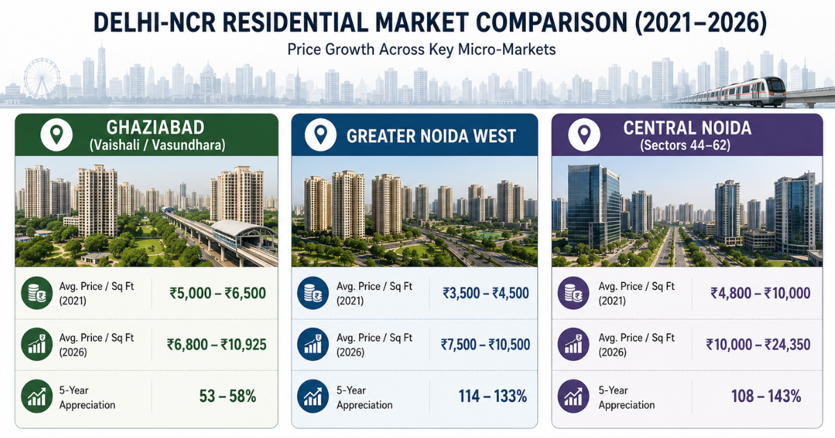 Property price comparison between Ghaziabad Noida and Greater Noida