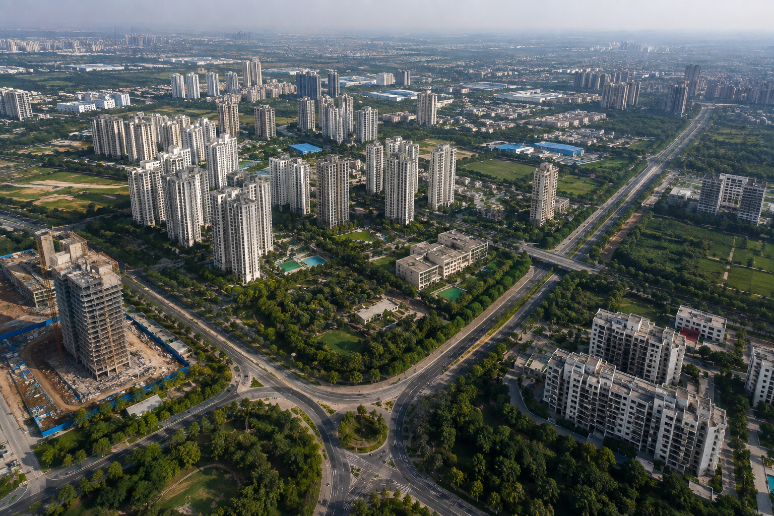 Aerial view of planned residential sectors in Greater Noida.