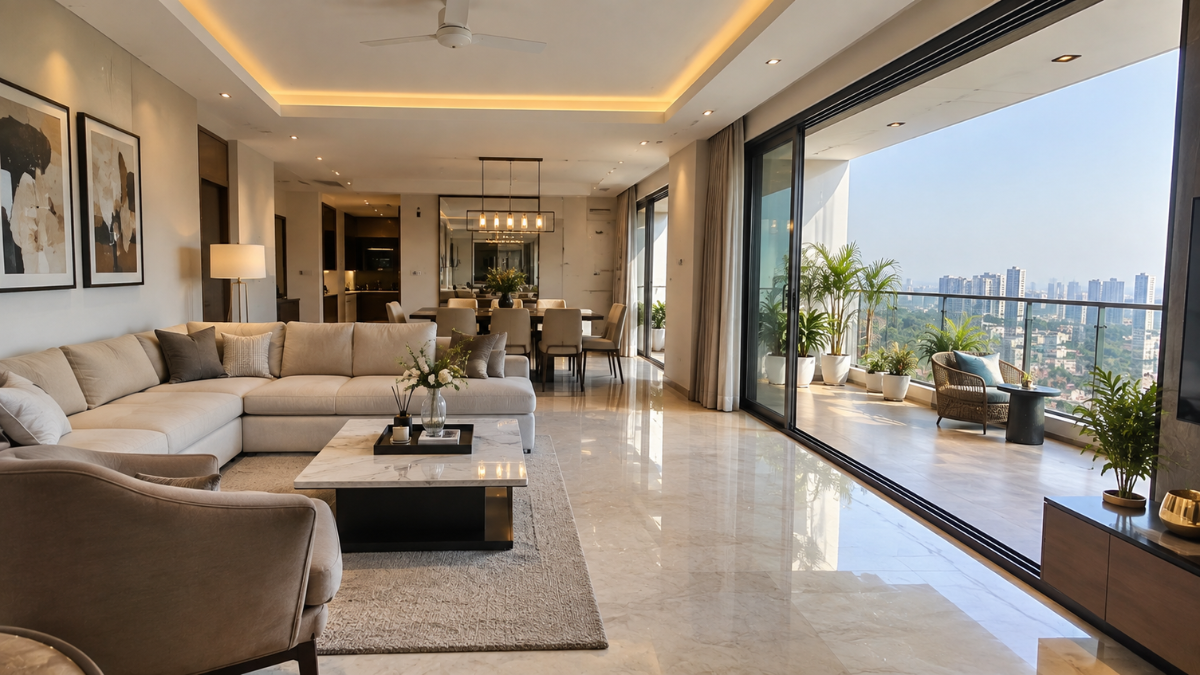 Spacious interior layout of a premium luxury 3 BHK apartment at Express One in Vasundhara Ghaziabad featuring Italian marble flooring and large sunlit balconies.