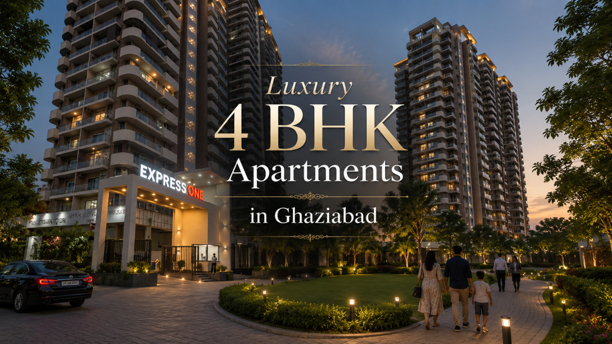 Premium high-rise residential towers of Express One featuring luxury 4 BHK apartments in Ghaziabad Vasundhara Sector 14 with gated entry security and landscaped green spaces at sunset twilight