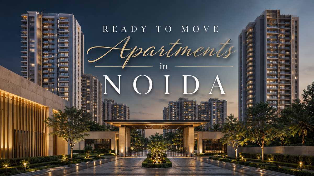 Modern ready to move apartments in Noida 2026 with high-rise towers, landscaped greens and swimming pool in Central Noida