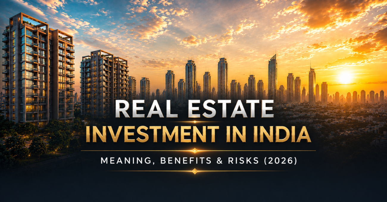 Modern high-rise residential towers in India at golden hour representing real estate investment in 2026