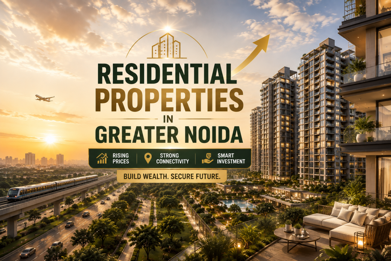 Residential properties in Greater Noida skyline at sunset
